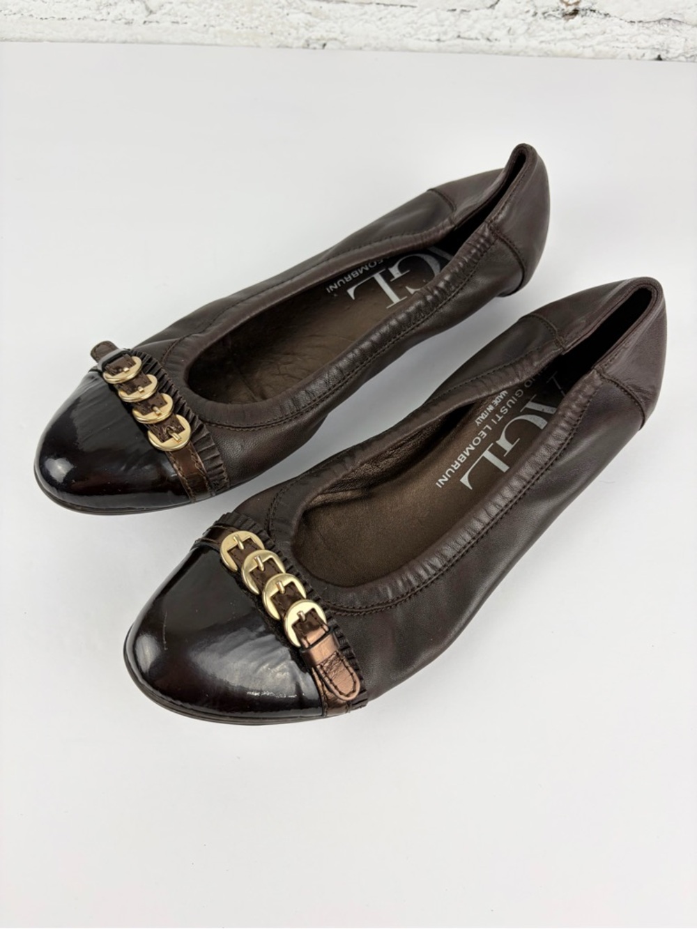 AGL Monika Brown Cap Toe Chain Buckle Patent Leather Slip On Ballet Flat 39